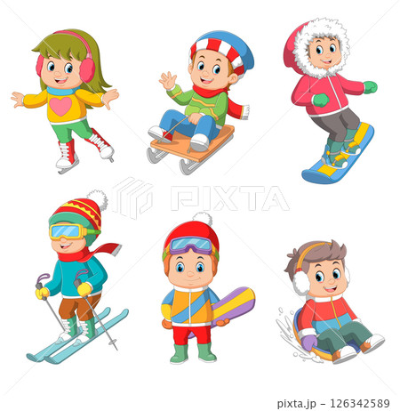 Winter sports for children. Colorful cartoon characters of illustration Winter sports for children. Colorful cartoon characters of illustration 126342589