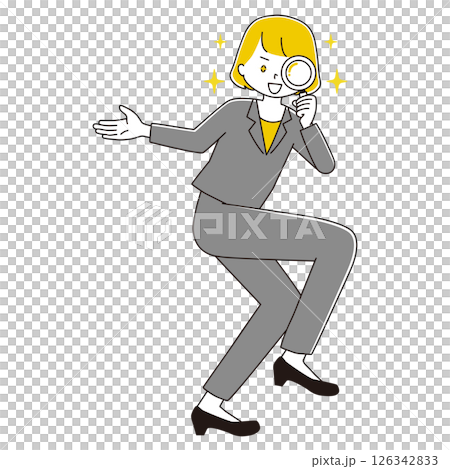 Full-body illustration of a woman in a suit looking into a magnifying glass in a comical pose - Sparkling 126342833