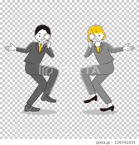 Full-body illustration set of a woman and man in a suit looking into a magnifying glass in a comical pose, smiling 126342835