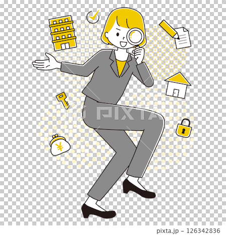一位婦女以滑稽姿勢的插圖放大鏡房地產點背景 126342836