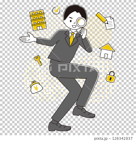 一個男人在一個滑稽的姿勢的插圖放大鏡房地產點背景 126342837