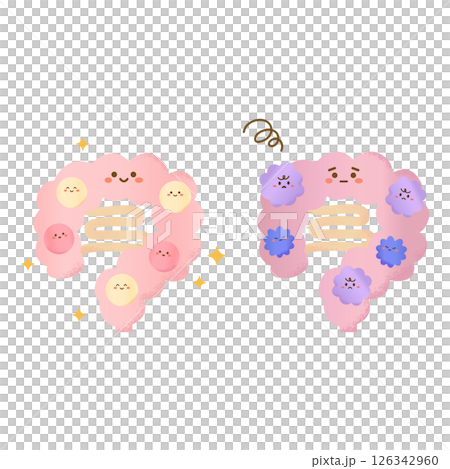 Hand-drawn style cute set of intestines with good and bad bacteria 126342960