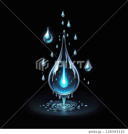 Elegant blue water droplet falling and creating ripples against a black background with smaller droplets surrounding it, conveying a sense of purity and fluid motion in water. Elegant blue water droplet falling and creating ripples against a black background with smaller droplets surrounding it, conveying a sense of purity and fluid motion in water. 126343132