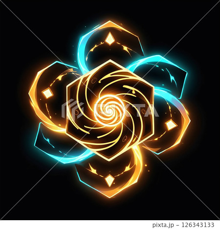 Vibrant geometric pattern featuring swirling shapes and contrasting colors of blue and orange against a dark background creating a mesmerizing visual effect. Vibrant geometric pattern featuring swirling shapes and contrasting colors of blue and orange against a dark background creating a mesmerizing visual effect. 126343133