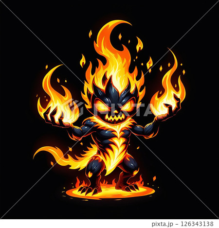Fire creature with flames surrounding body, glowing eyes, fierce expression, dark background, cartoon style, fantasy character, dynamic pose, vibrant colors, magical aura, powerful presence. 126343138