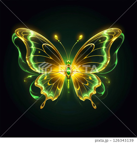 Golden butterfly with glowing wings in vibrant green hues surrounded by light effects against a dark background, emphasizing beauty and elegance in nature. Golden butterfly with glowing wings in vibrant green hues surrounded by light effects against a dark background, emphasizing beauty and elegance in nature. 126343139
