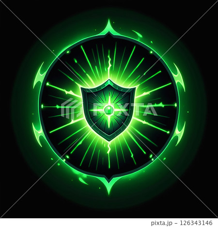Glowing green shield emblem with radiant aura on a black background, featuring intricate designs and a centered jewel, representing protection and power in a mystical style. 126343146