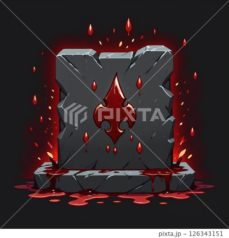 Bloody stone monument with glowing red accents, surrounded by splashes of crimson liquid on a dark background creating an ominous and eerie atmosphere. Bloody stone monument with glowing red accents, surrounded by splashes of crimson liquid on a dark background creating an ominous and eerie atmosphere. 126343151