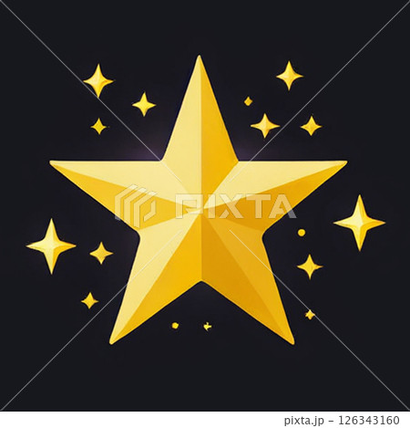 Golden star glowing against a dark background surrounded by bright sparkles and smaller stars creating a magical and enchanting atmosphere ideal for festive designs or achievements. 126343160