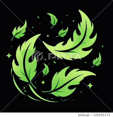 Green leaves swirling in a dance, vibrant foliage against a dark background, showcasing nature beauty with dynamic movement and elegant shapes, expressing freshness and vitality. 126343171
