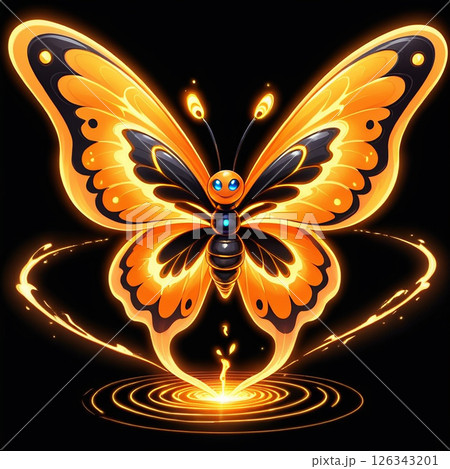 Vibrant orange butterfly with intricate patterns and glowing elements against a black background, surrounded by enchanting swirls of light and energy. 126343201