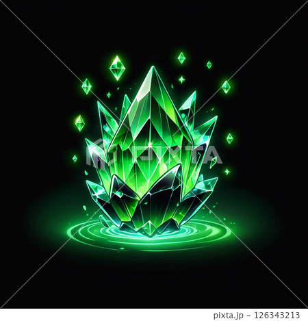 Shimmering green crystal cluster with sharp facets glowing against a dark background, surrounded by floating gems and sparkling light effects, creating an enchanting mystical atmosphere. 126343213