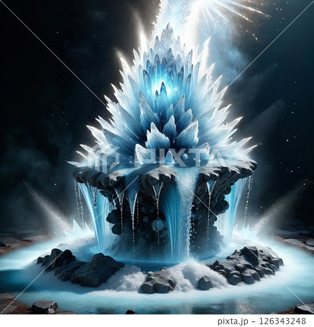 Majestic ice fountain surrounded by rocky terrain with crystal-like formations illuminated by bright light creating a dazzling visual effect reminiscent of winter wonders. 126343248