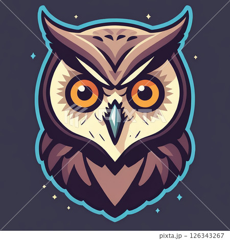Stylized owl illustration with sharp features and vivid colors against a dark background, emphasizing its large eyes and pointed ears for a bold artistic effect. 126343267