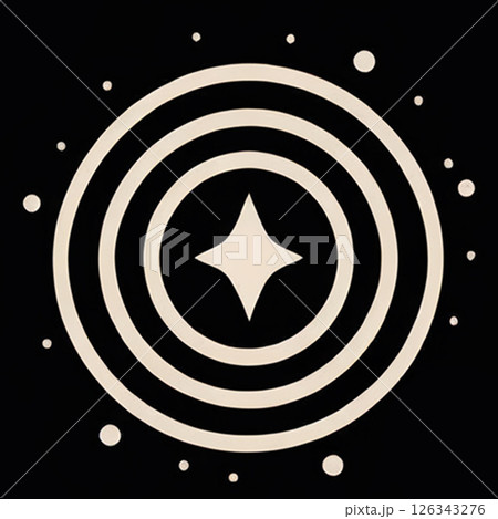 Radiating concentric circles with a central star shape surrounded by smaller dots creating a visually intriguing design against a black background. 126343276