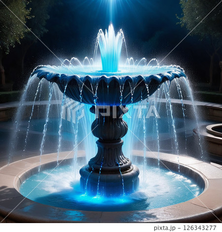 Majestic fountain with vibrant blue water spray surrounded by landscaped greenery in a serene outdoor setting, creating a tranquil atmosphere for relaxation and enjoyment. 126343277