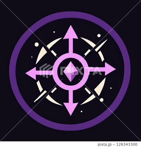 Directional compass symbol with arrows pointing outward and a central geometric shape, designed in vibrant purple and cream colors against a black background. Directional compass symbol with arrows pointing outward and a central geometric shape, designed in vibrant purple and cream colors against a black background. 126343300
