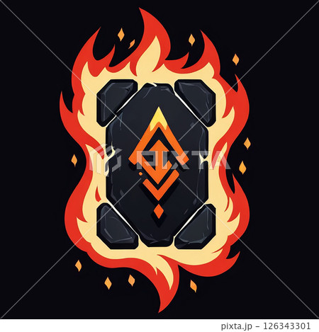 Fiery shield with geometric symbols on a dark background, vibrant flames surrounding the shield creating a dynamic and energetic visual contrast. 126343301