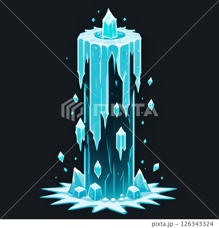 Ice tower erupting from a dark background surrounded by smaller ice shards and mist, featuring a crystalline top radiating a cool blue hue against a contrasting environment. Ice tower erupting from a dark background surrounded by smaller ice shards and mist, featuring a crystalline top radiating a cool blue hue against a contrasting environment. 126343324