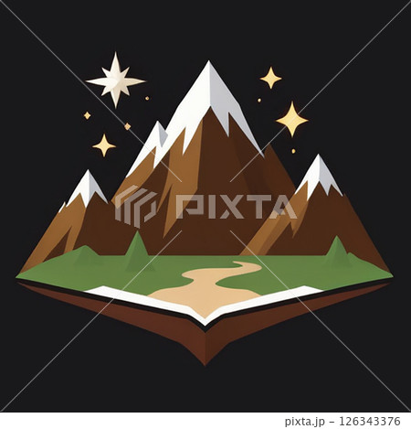 Mountain landscape illustration with snow-capped peaks, stars shining above, and a winding path through green grass in a stylized design. 126343376