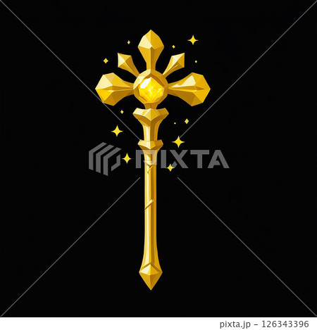Golden scepter with ornate design and a central jewel glowing, surrounded by sparkling stars on a dark background, showcasing majestic fantasy elements reminiscent of royalty. 126343396