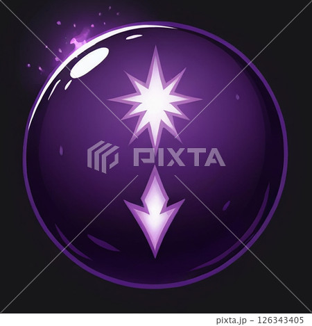 Shiny purple orb with a starburst design and downward arrow symbol glowing against a dark background with subtle light effects and a mystical aura. 126343405