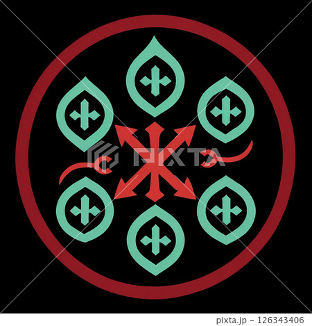 Intricate symbol with geometric patterns featuring green leaves and red arrows on a black background, emphasizing a mystical or cultural design with an artistic flair. 126343406