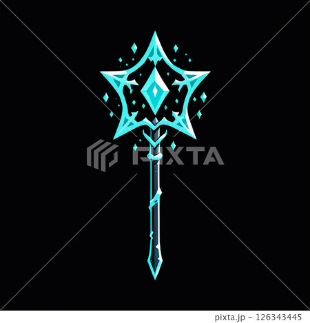 Magic staff glowing with blue crystals in a mystical, dark environment showcasing intricate design elements and enchanting details for fantasy fanatics. 126343445