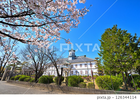 《長野県》松本市　春の青空に映える旧開智学校と満開の桜 126344114