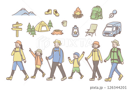 キャンプに行く三世代家族イラストセット 126344201