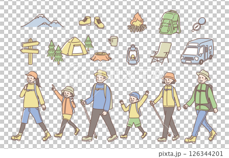 キャンプに行く三世代家族イラストセット 126344201