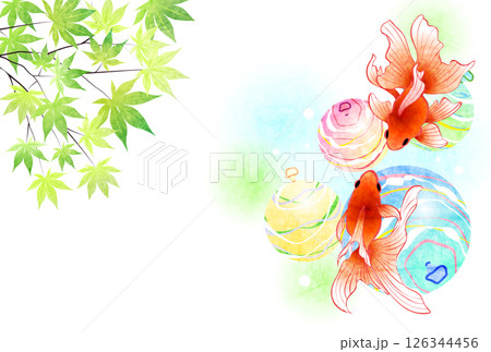 暑中見舞い、金魚、ヨーヨー、青紅葉、和風、かわいい、背景、イラスト、横 126344456