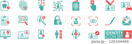 Identity icon set in Solid style.  It contains Fingerprints, facial identification, ID cards, scans, and Passports. 126344469