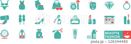 Beauty and fashion icons set in solid style, contain fashion, cosmetics, makeup, jewelry, clothing, and more Beauty and fashion icons set in solid style, contain fashion, cosmetics, makeup, jewelry, clothing, and more 126344480