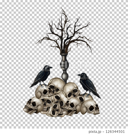 Heap skulls, black crows, vintage Candelabrum with dry branches. Gothic Silver Candleholder with twigs, ravens. Watercolor illustration isolated from background. For Halloween design, print product 126344501