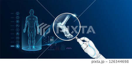 Doctor robot hand holding magnifying glass looking ankle bone analysis diagnosis with AI artificial intelligence technology. Anatomy hologram of the male body. Innovative medical healthcare. Vector. Doctor robot hand holding magnifying glass looking ankle bone analysis diagnosis with AI artificial intelligence technology. Anatomy hologram of the male body. Innovative medical healthcare. Vector. 126344698