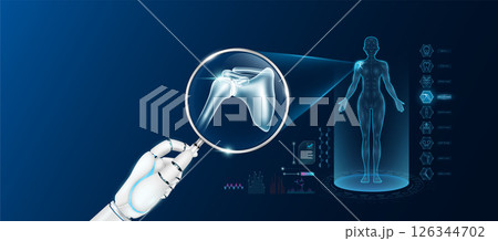 Doctor robot hand holding magnifying glass looking shoulder analysis and anatomy hologram of the female body. Diagnosis with AI artificial intelligence technology. Innovative medical healthcare. Vecto 126344702