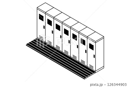 一列にロッカーが並ぶロッカールーム、更衣室のシンプルでかわいいアイソメトリック線画イラスト 126344903