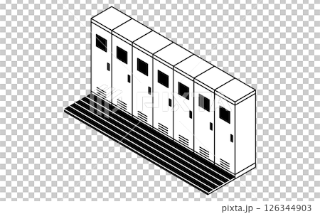 一列にロッカーが並ぶロッカールーム、更衣室のシンプルでかわいいアイソメトリック線画イラスト 126344903