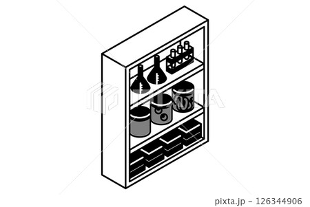理科の実験用具が並ぶ学校の理科室のシンプルでかわいいアイソメトリック線画イラスト 126344906