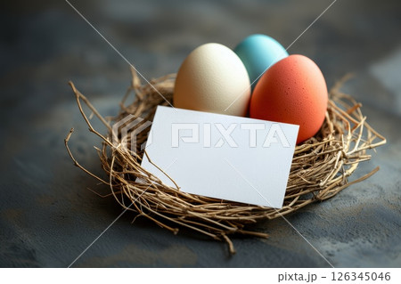 colorful eggs and quail eggs on a minimalist background with blank greeting card mockup and delicate flowers in stylish arrangement. colorful eggs and quail eggs on a minimalist background with blank greeting card mockup and delicate flowers in stylish arrangement. 126345046