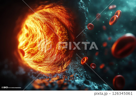 Detailed close-up of cholesterol plaque buildup in an artery, illustrating blood flow obstruction with red blood cells and lipid deposits. 126345061