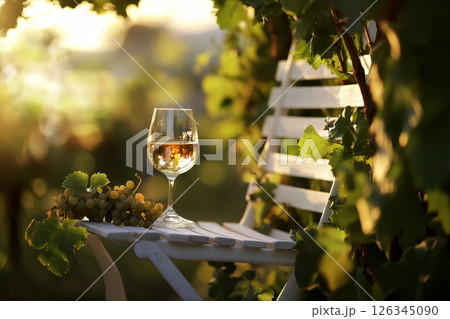 glass of white wine on a white slatted garden chair and grapes in the vineyard at sunset. glass of white wine on a white slatted garden chair and grapes in the vineyard at sunset. 126345090