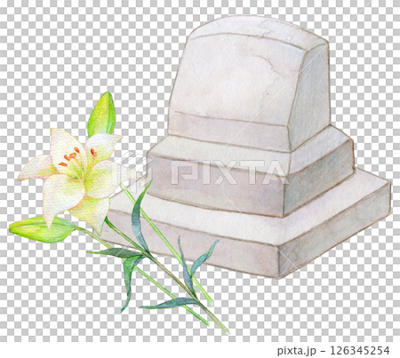 水彩イラスト　お墓と百合の花 126345254