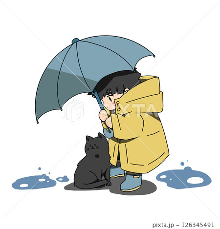 雨　猫　雨宿り　子供　傘　水溜まり 126345491