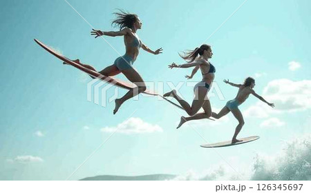 青空を背景にジャンプする元気なサーファー 126345697