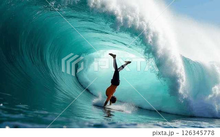 逆立ちサーフィンをする男性 126345778