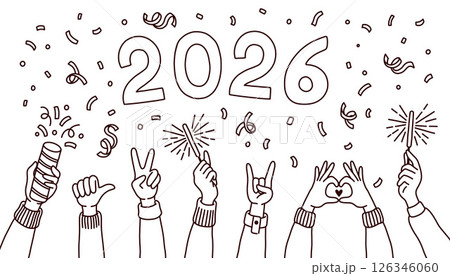 Doodle style 2026 New Year and Christmas Banner with hands. Happy new Year Merry Christmas Hand Drawn Doodle Elements Doodle style 2026 New Year and Christmas Banner with hands. Happy new Year Merry Christmas Hand Drawn Doodle Elements 126346060