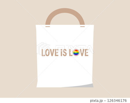 Love is love tote bag with rainbow heart symbol, minimalist design, beige handle, and neutral background, expressing pride and inclusivity in simple, modern style Love is love tote bag with rainbow heart symbol, minimalist design, beige handle, and neutral background, expressing pride and inclusivity in simple, modern style 126346176