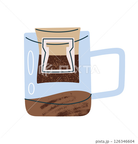 Flat cartoon illustration of glass mug with hanging ear drip bag coffee inside. Single serve pour over brewing method, vector cozy design, icon for home baristas and coffee lovers, trendy coffee cup Flat cartoon illustration of glass mug with hanging ear drip bag coffee inside. Single serve pour over brewing method, vector cozy design, icon for home baristas and coffee lovers, trendy coffee cup 126346604